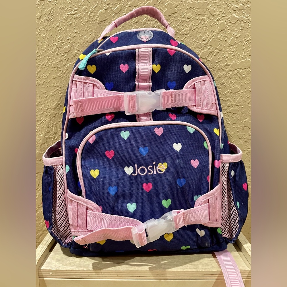 Pottery Barn Kids Mackenzie Backpack - Navy/Pink Multi Hearts, Size Small